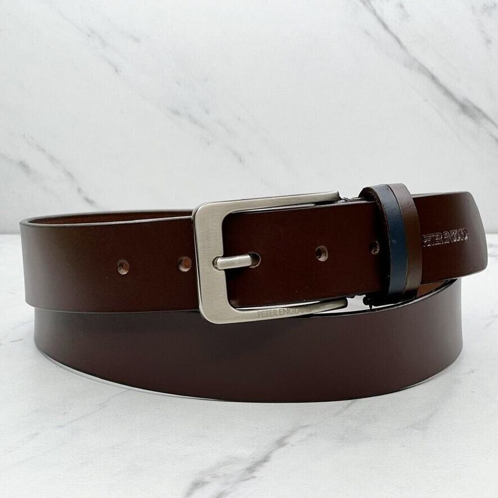 Peter England Mens Brown Genuine Leather Belt Silver Buckle XL ✨